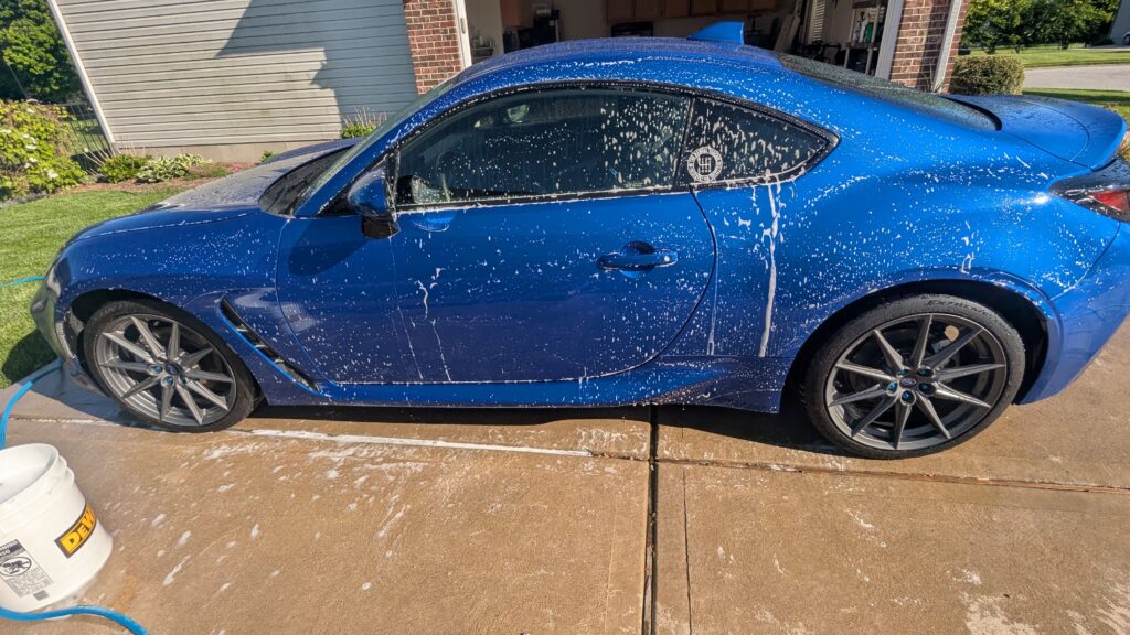 2022 World Rally Blue Subaru BRZ being washed.